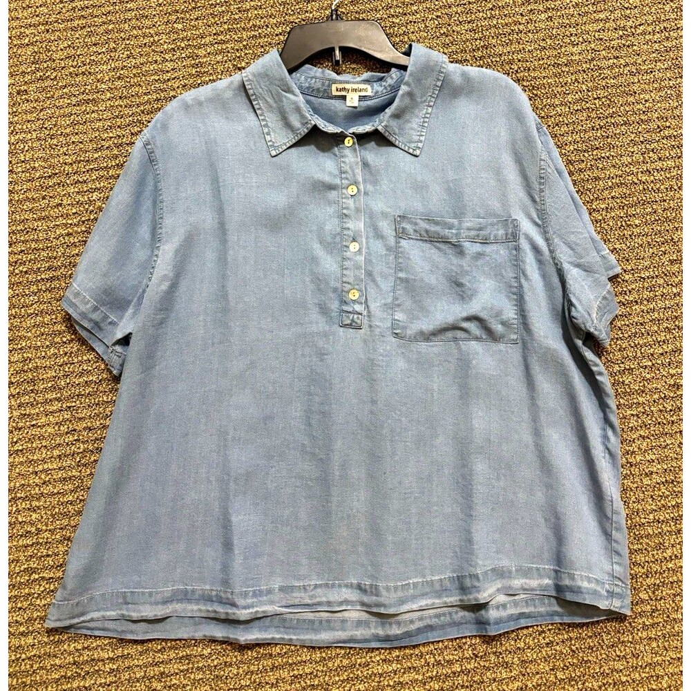 Kathy Ireland Blue Chambray Lyocell Button Front Collared Shirt Pockets XL